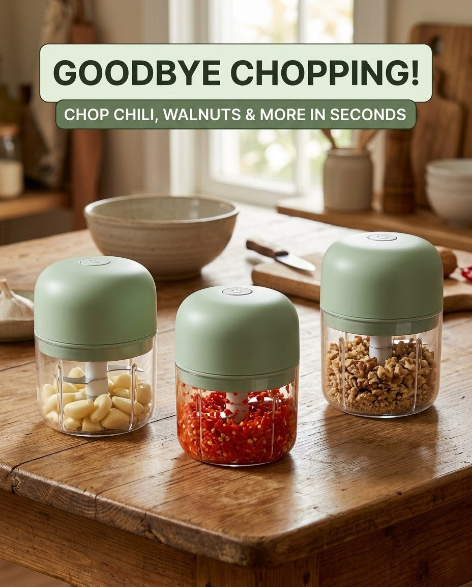 Three PrepEase garlic choppers showing minced garlic, chopped chili, and crushed walnuts