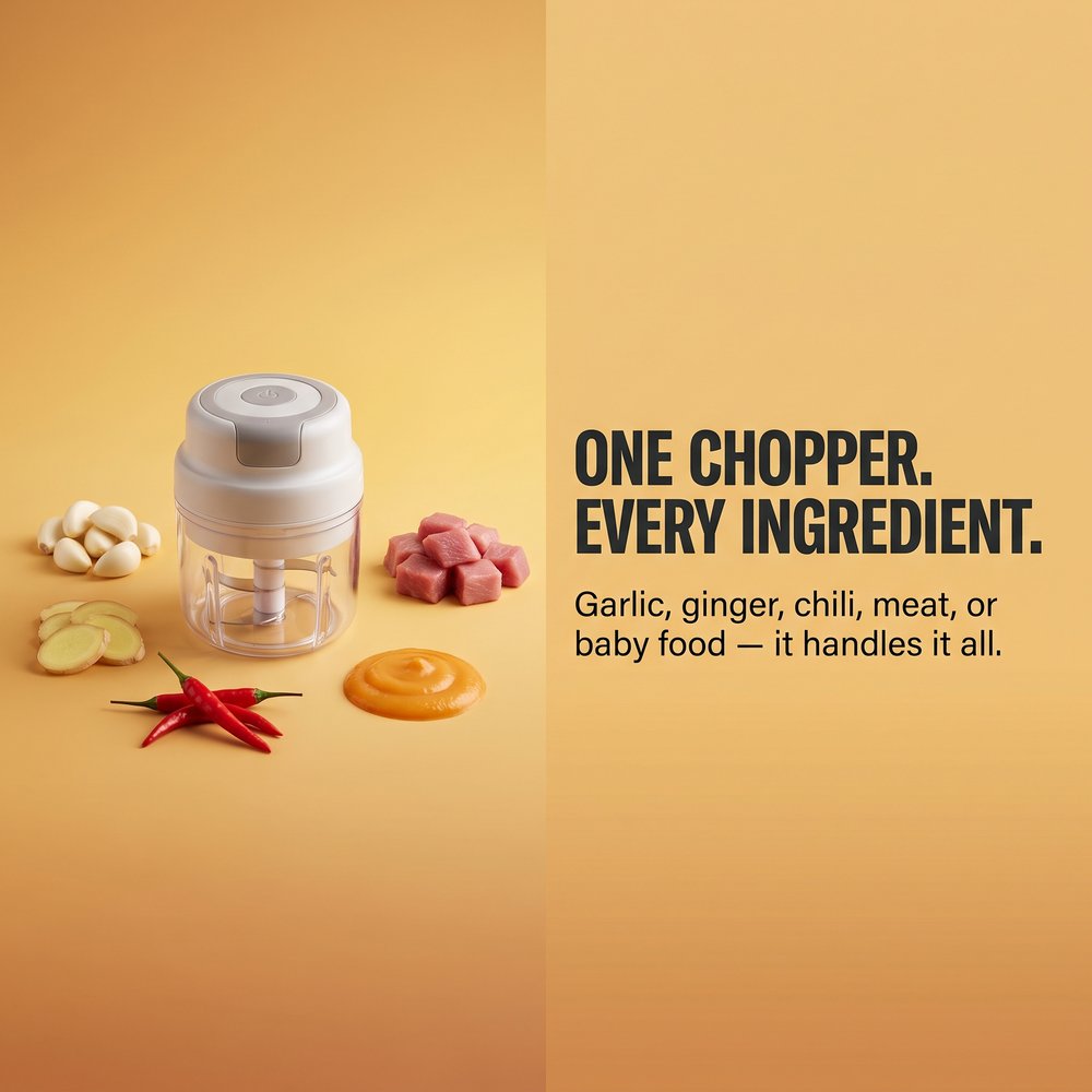 One chopper handles garlic, ginger, chili, meat, and baby food